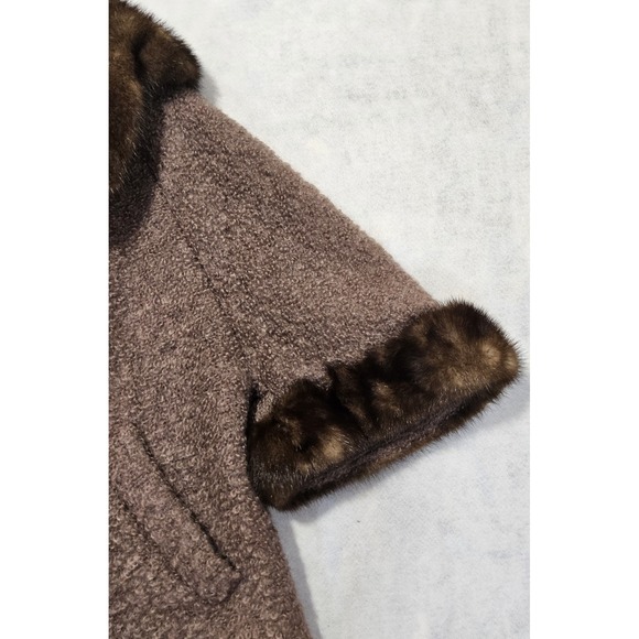 Vtg Swing Coat L /  12 / 14 Wool Capelet Cape Mink Fur 50s 60s Brown Boucle - Picture 3 of 9